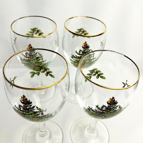 Spode Christmas Tree Vintage Wine Glasses Holiday Goblets Gold Trim 12 oz 4pcs - Picture 6 of 12